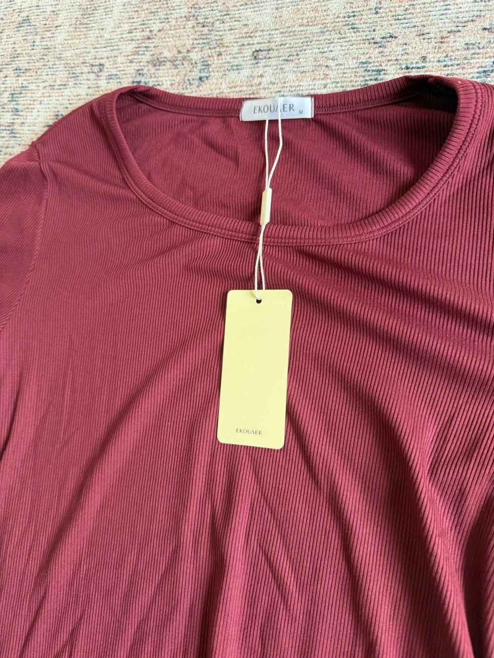 Scoop Neck Long-Sleeve Tee in Burgundy by Ekouaer